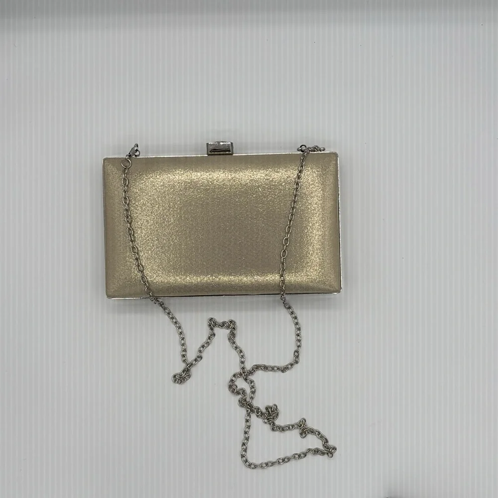 Gold Metallic Clutch with Rhinestone Look Clasp - Sliver Chain Strap -Elegant!